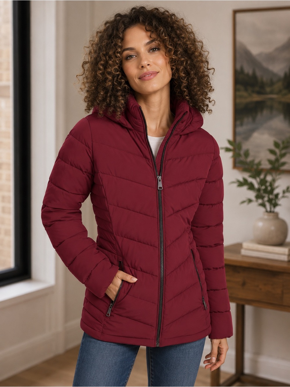 DKNY Hooded Puffer Jacket Women M Red Mid-Length Water Resistant Zip Pockets NWT